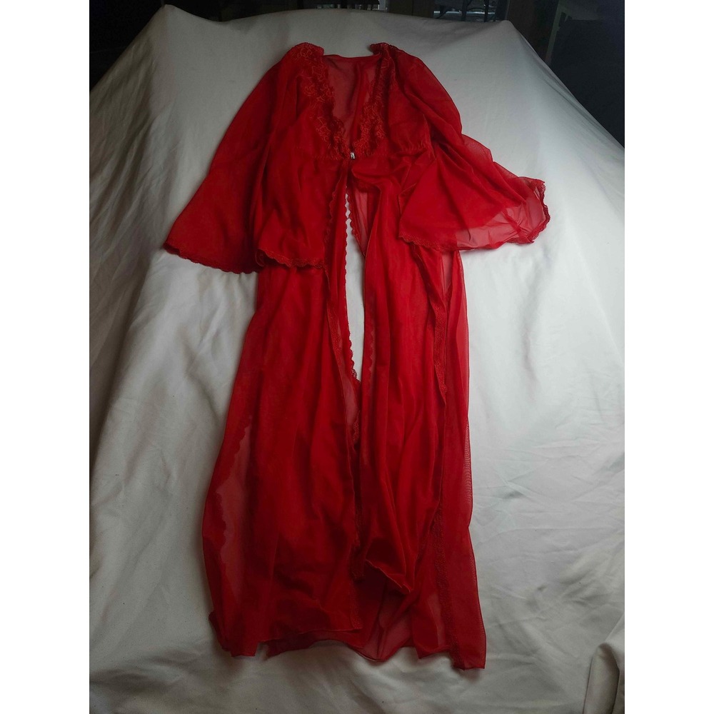 Shirley‎ of Hollywood Red Sheer Mesh Lace Trim Long Robe Womens Large